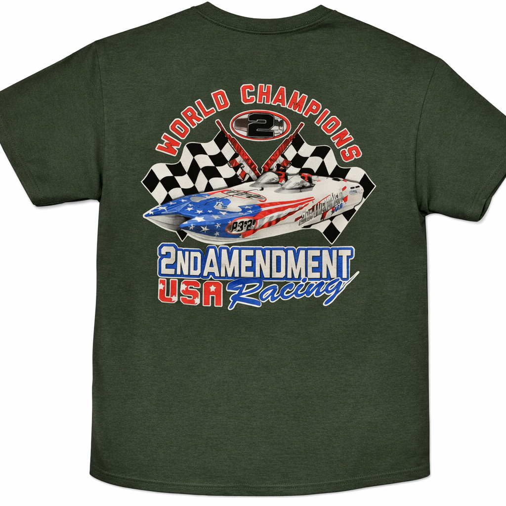Mens Tee- 2nd Amendment USA Racing Logo Front-World Champion Boat Back