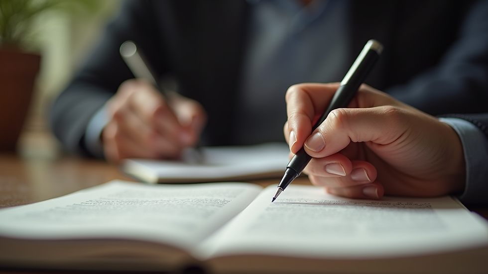 Plano detalle de manos escribiendo en una libreta durante una asesoría