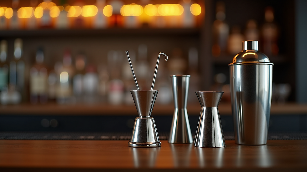 Close-up view of bar tools including shaker, jigger, and muddler on a shelf