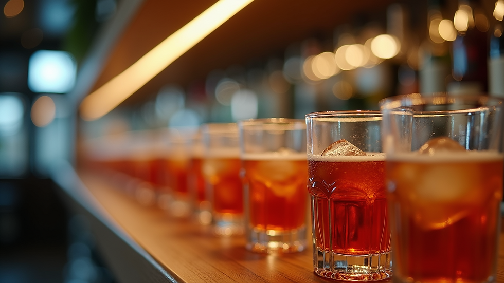Eye-level view of a variety of cocktail glasses arranged on a shelf
