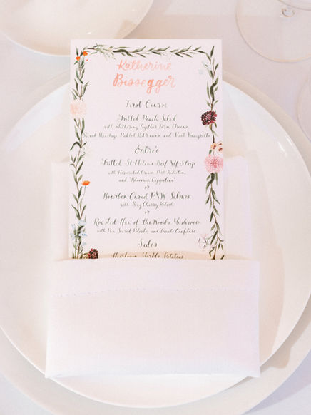watercolor menu in a pocket fold napkin on a reception table