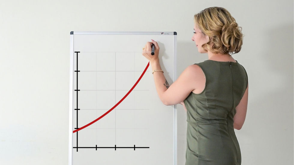 A woman standing in front of a whiteboard with a graph of exponential growth