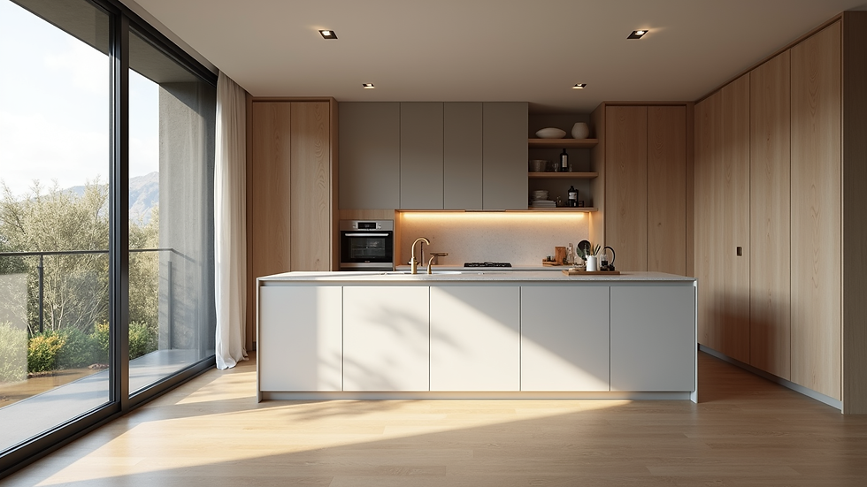 Vista dall’alto di un appartamento ristrutturato con cucina e bagno moderni