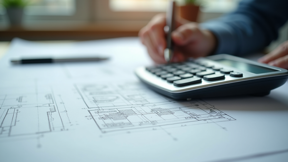 Close-up view of architectural plans and a calculator on a desk
