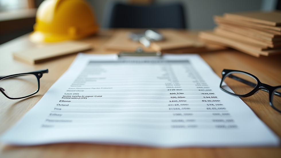 Eye-level view of a detailed construction estimate document on a wooden table