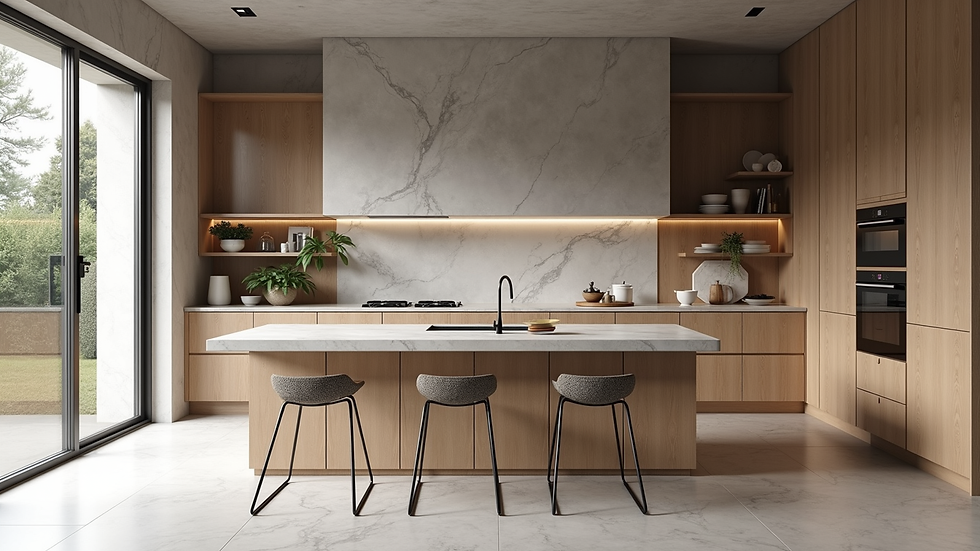 Vista frontale di una cucina ristrutturata con mobili moderni e piano di lavoro in marmo