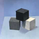 A painting of three cubes, two on the bottom, one grey, one white, with one black cube balanced on top of both. 