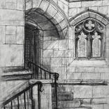 Depicts a church doorway with steps leading up to it and a window to the right of the door. 