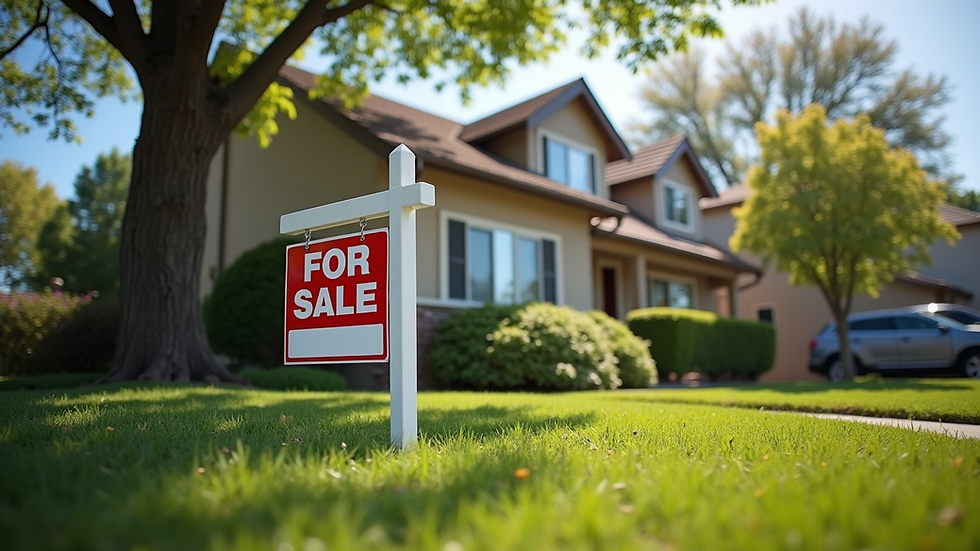 High angle view of a suburban home with a “For Sale” sign in the yard