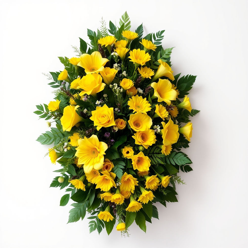 Thumbnail: A bright and vibrant yellow funeral spray arranged in an oval shape, perfect for the top of a casket, or as a tribute.