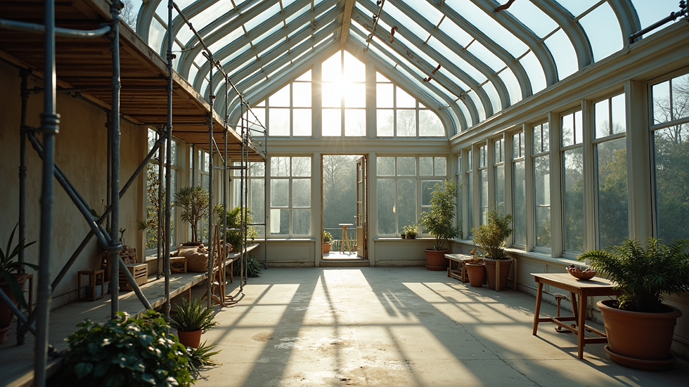 High angle view of a conservatory under construction with scaffolding
