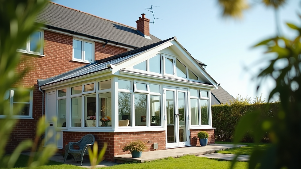 Eye-level view of a newly installed conservatory with glass roof and white frames