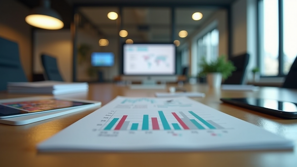 Eye-level view of a modern office workspace with digital marketing tools