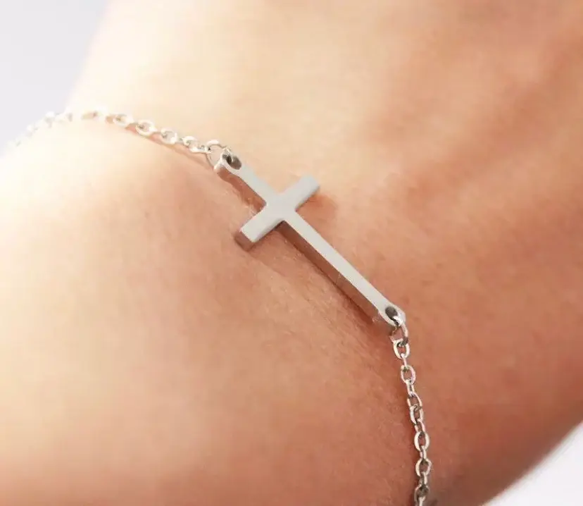 Thumbnail: silver sideways cross bracelet Christian gift for her woman baptism confirmation