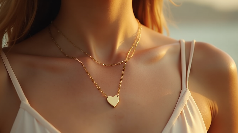 Eye-level view of a gold pendant necklace with a heart symbol
