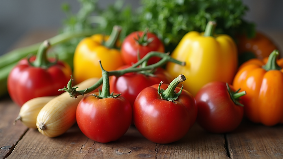 Close-up view of a variety of colorful fruits and vegetables on a wooden table