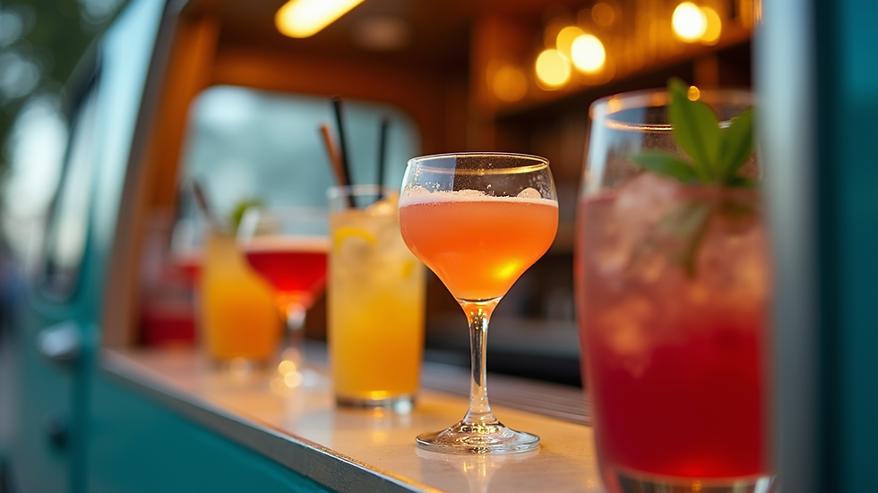 Eye-level view of a mobile bar with colourful cocktails ready to serve