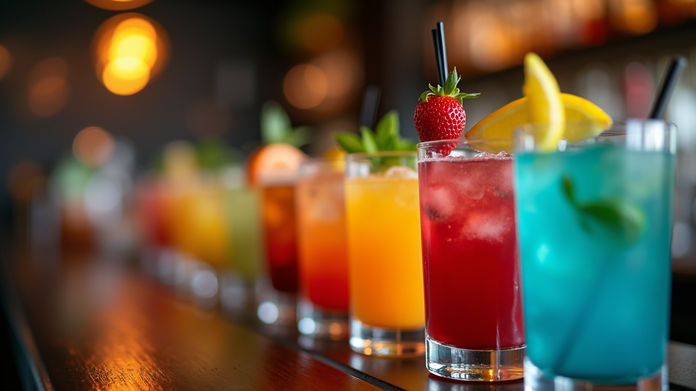 Eye-level view of a stylish cocktail bar with colourful drinks lined up