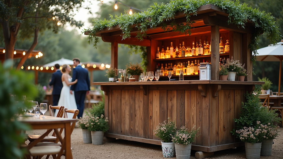 Eye-level view of a rustic wooden mobile bar setup at an outdoor wedding