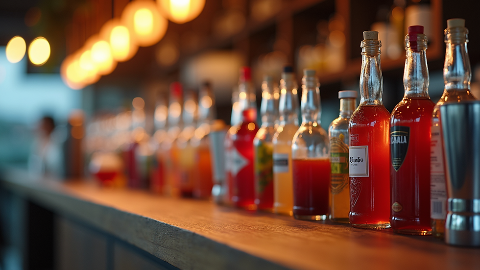 Close-up view of a mobile bar setup with colourful bottles and cocktail shakers ready for service