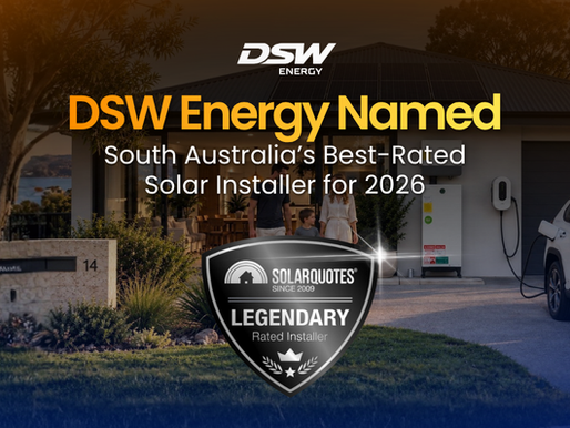 DSW Energy named South Australia’s Best-Rated Solar Installer for 2026, featuring the SolarQuotes Legendary Rated Installer badge and a solar-powered Australian home.