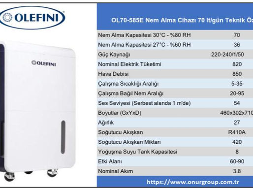 Olefini OL70-585E Portatif Ticari Tip Nem Alma Cihazı 70 Litre / Gün Kapasiteli