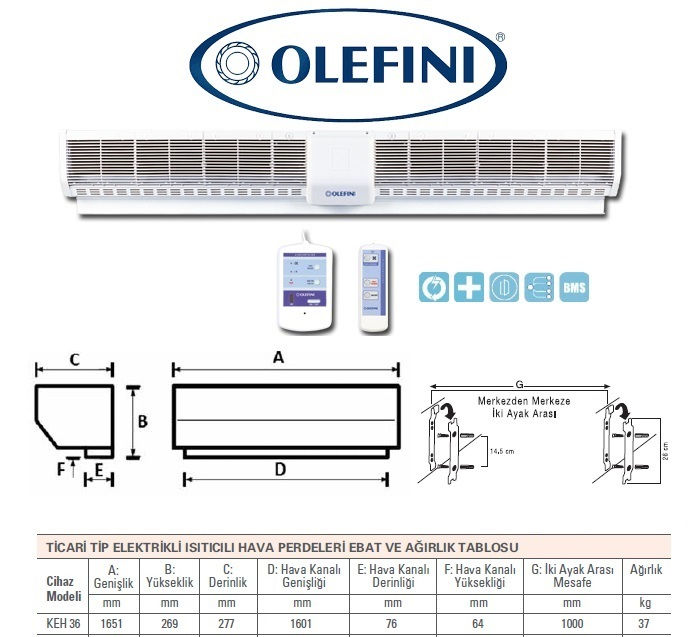 Olefini KEH-36 Ticari Tip Isıtıcılı Hava Perdesi