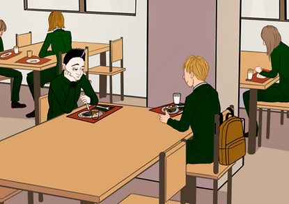 Characters Wings of darkness and Austin are sitting in a high school cafeteria. From the webcomic/webtoon Colorful past.