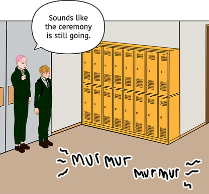 Picture from a webcomic Colorful past featuring the characters Ken and Austin, standing in their high school lobby.