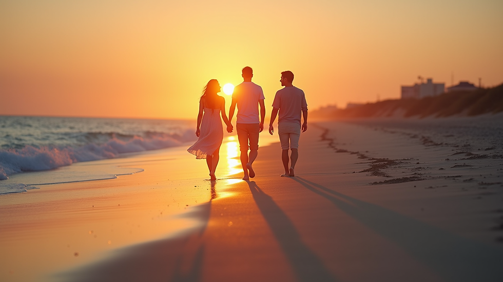 Eye-level view of a couple walking along a beach at sunset