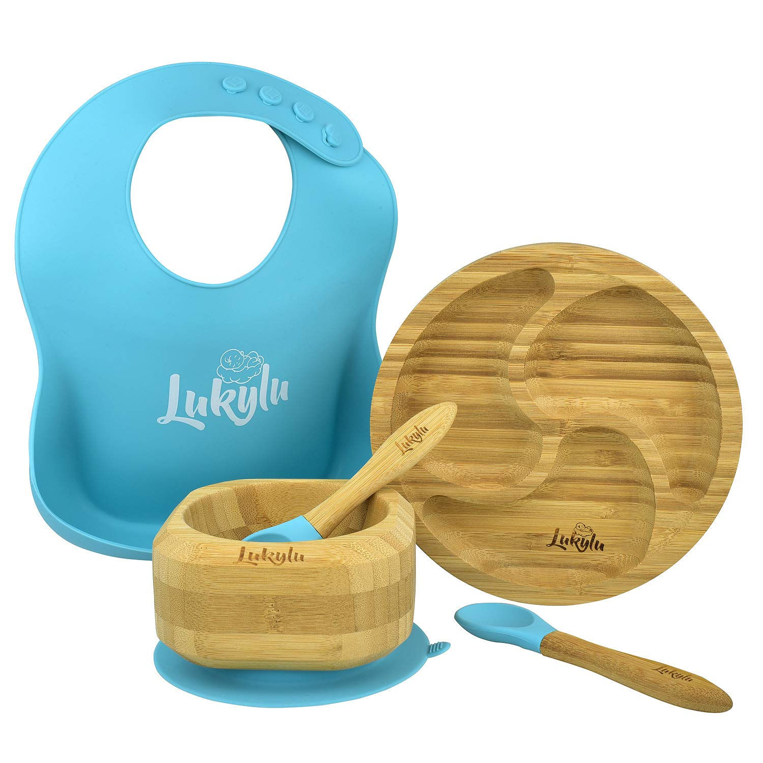 Lukylu-Suction Plates for Baby -5pc Set- Bamboo Baby Dish Set -Bamboo Baby Bowl-