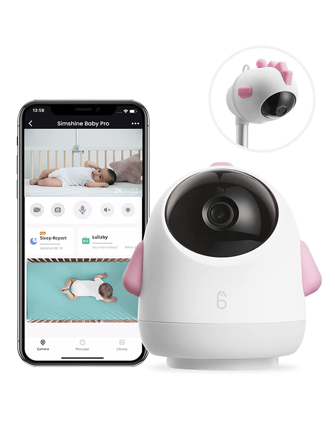 Simshine Smart Baby Monitor WiFi Smartphone AI Cry Soothing Lullaby Sleep Breath
