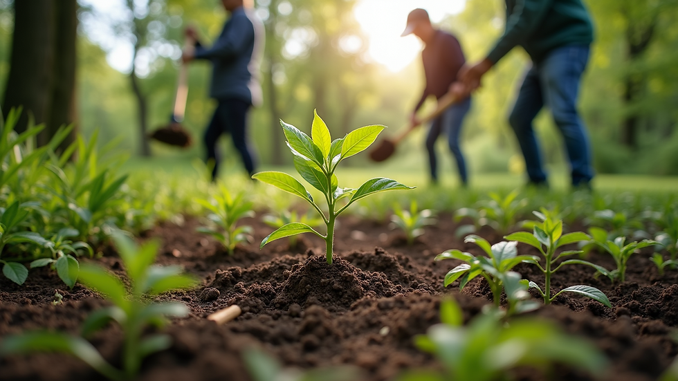 Eye-level view of a group of volunteers planting trees in a lush green area