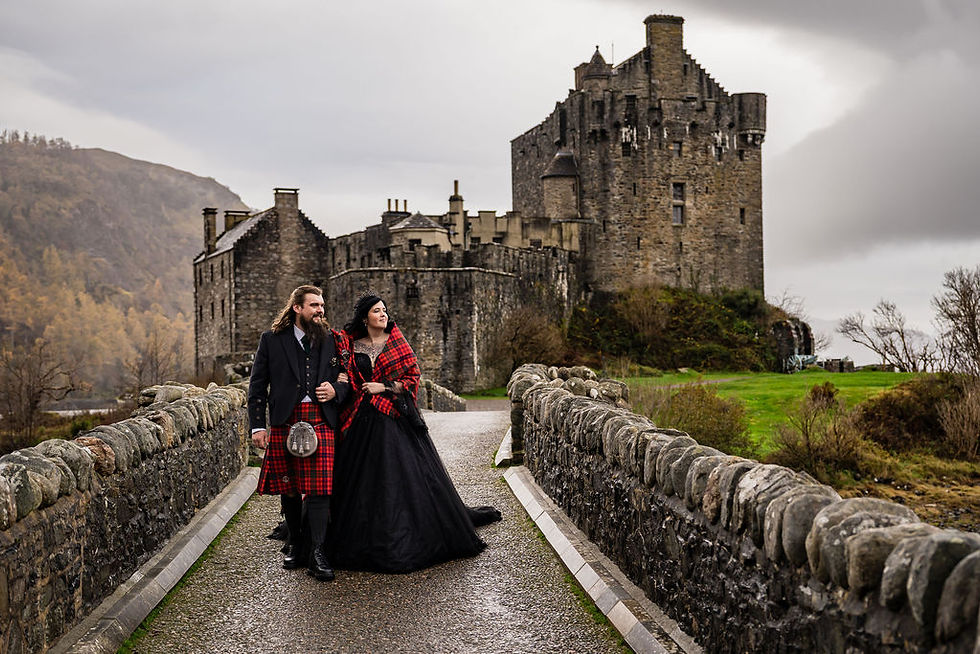 Bride and groom walking outside Eilean Donan Castle after their wedding ceremony.