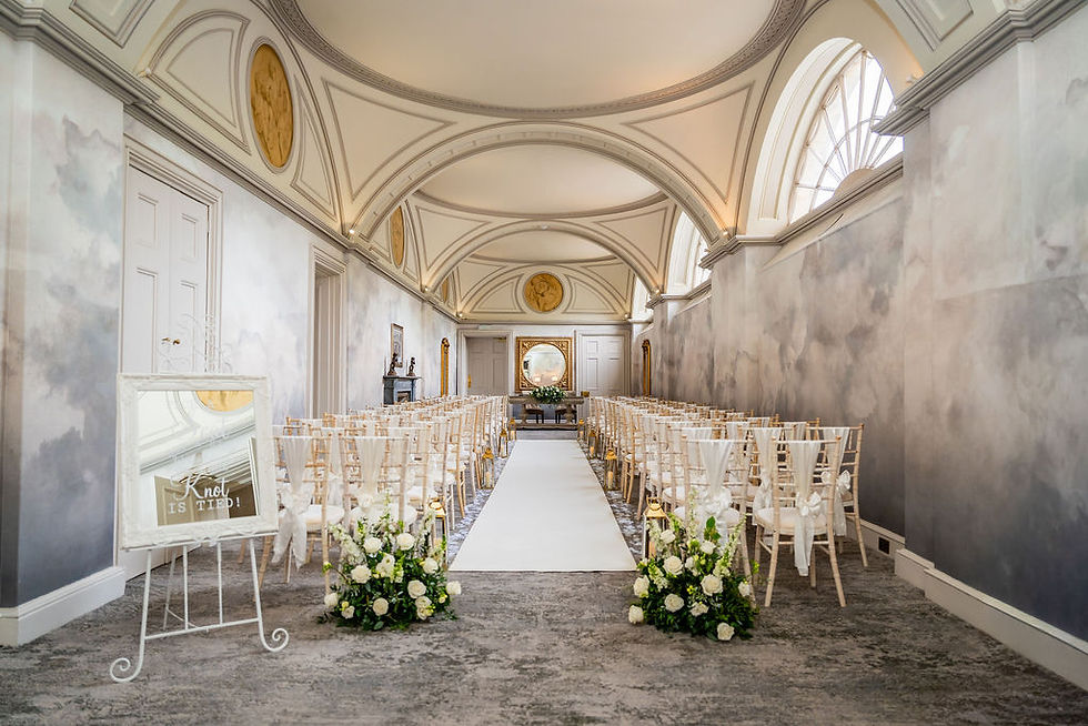 Wide view of the ceremony room at Balbirnie House prepared for the wedding before guests arrive.