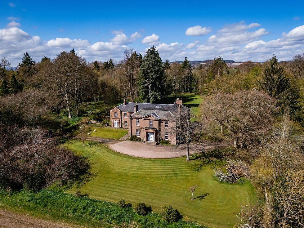 Aerial view of Bardmony Estate in Perthshire surrounded by gardens and countryside, intimate wedding venue in Scotland