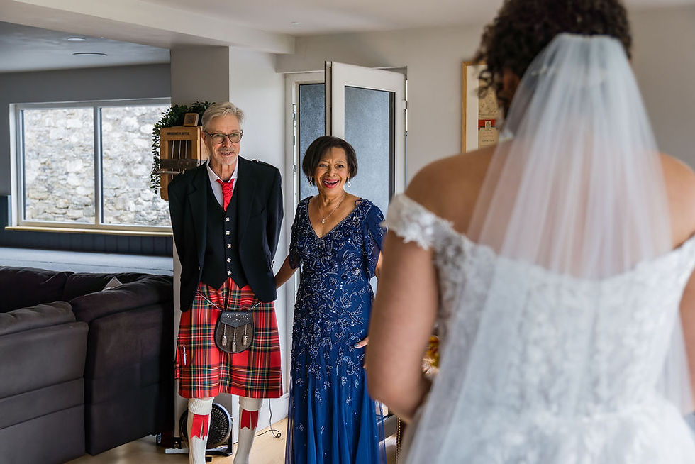 Emotional first look as the bride shares a quiet moment with her parents before the ceremony at Boreland Loch Tay
