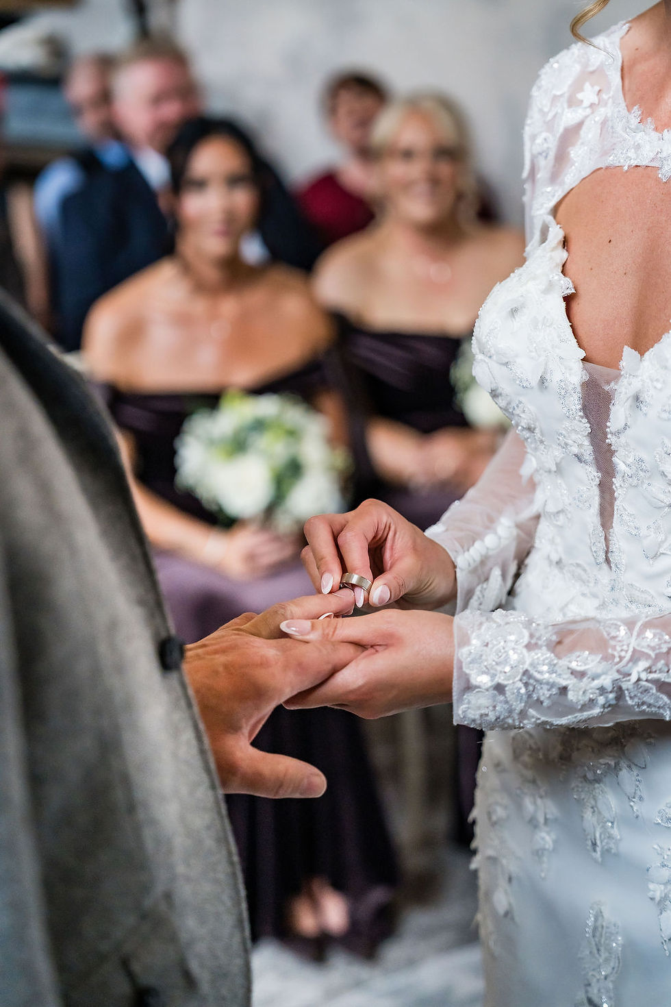 Close-up of wedding ring exchange during ceremony at Balbirnie House, intimate Scottish wedding moment