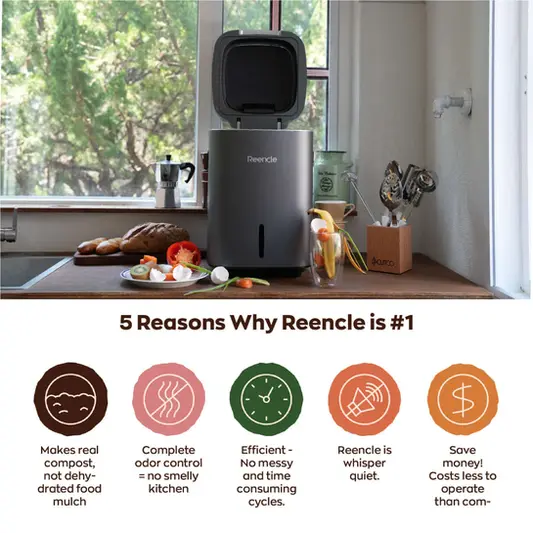 top reasons why Reencle is the No.1 in composting and Home Composter that converts food scraps into useful compost and garden fertilizer.  Creates real compost and not dehydrated food mulch. Complete odor control and fuss-free operation.  Efficient and mess-free without limitation on time-consuming cycles.  Whisper quiet operation.  Low operating cost, Microbes is pertually self-generating and sustaining.