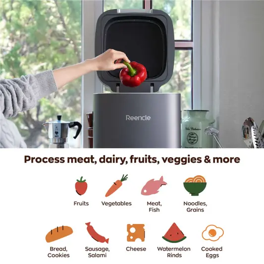 Processes meat, dairy, vegetables and more.  Compost any organic food waste into useful garden fertilizer.