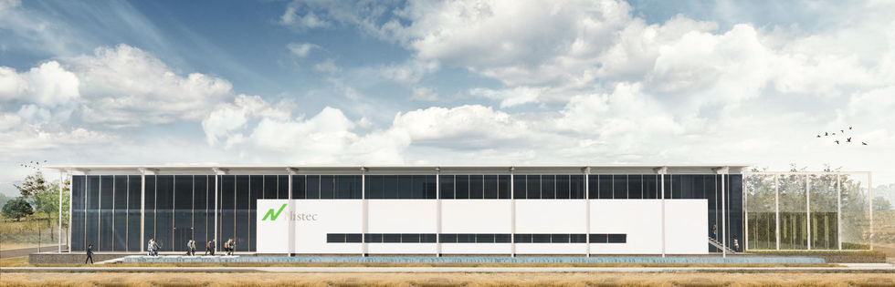 Rendering of facade with steel posts under a light roof overhang with a glass curtain wall