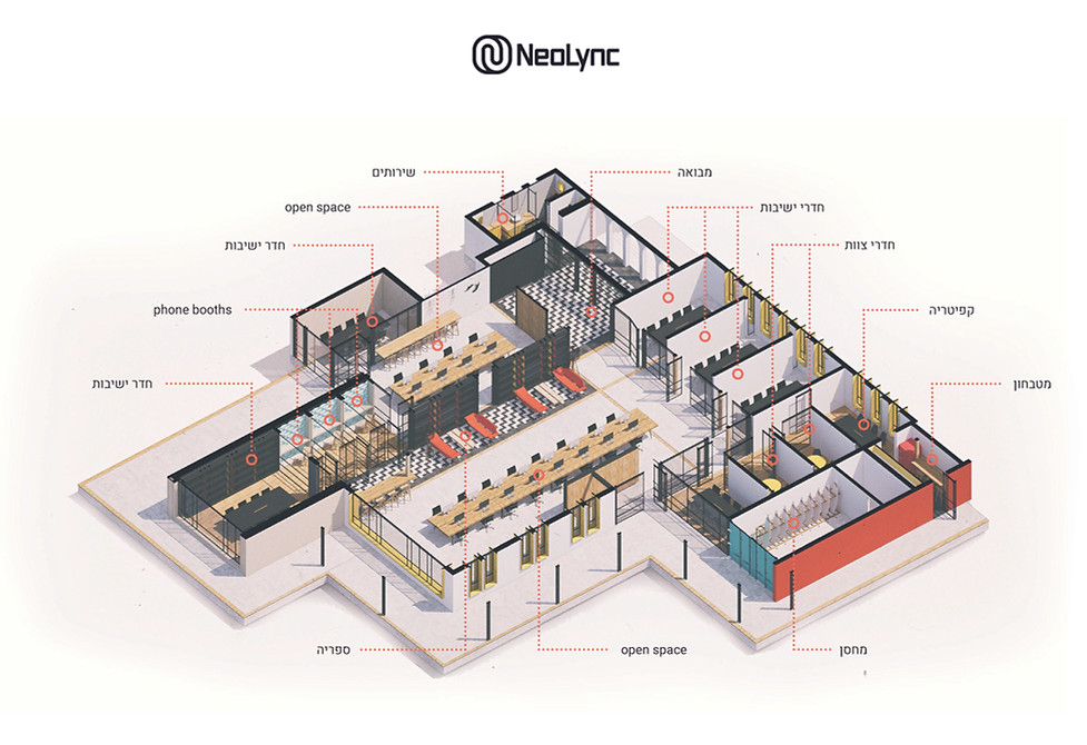 Interior office open space exposed ceiling trusses with steel and glass partitions rendering isometric