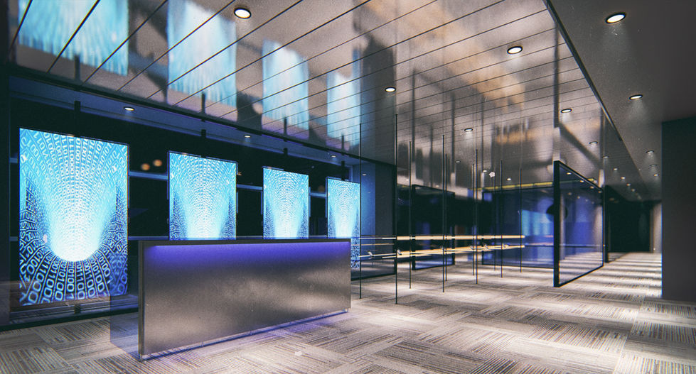 Rendering interior lobby office space glass panels steel cables and beams