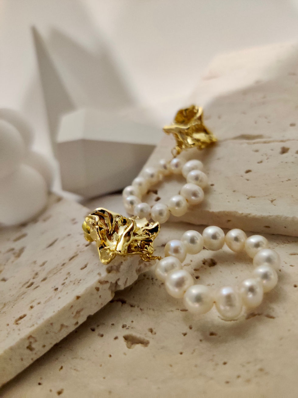 Thumbnail: Gold Lava Earrings with Pearl Circle | Natural Baroque Pearl Earrings 