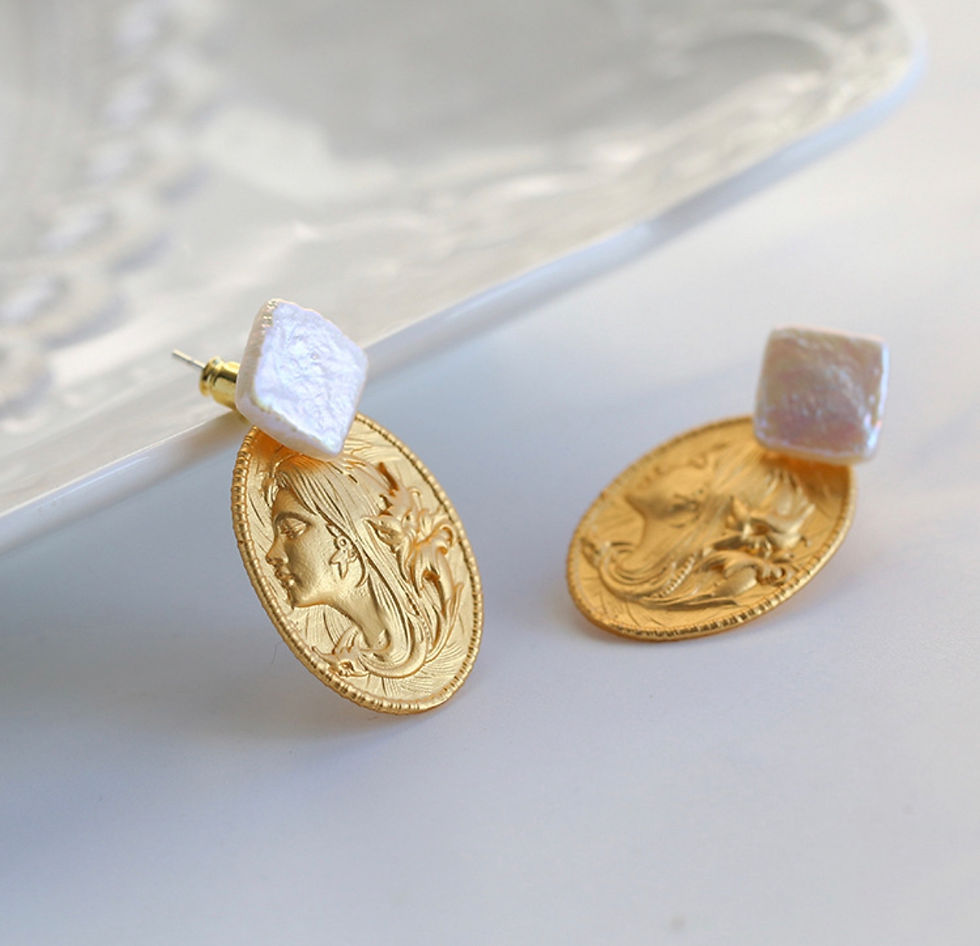 Thumbnail: Gold Coin with Genuine Square Pearl Stud Earrings 