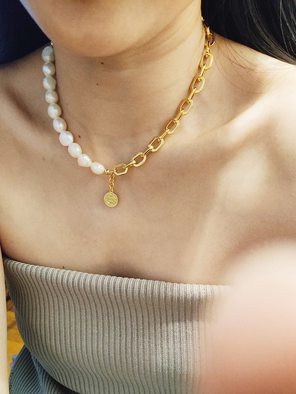 Thumbnail: Paperclip Chain Pearl Necklace | 15”+2” extender | Natural Baroque Pearls 