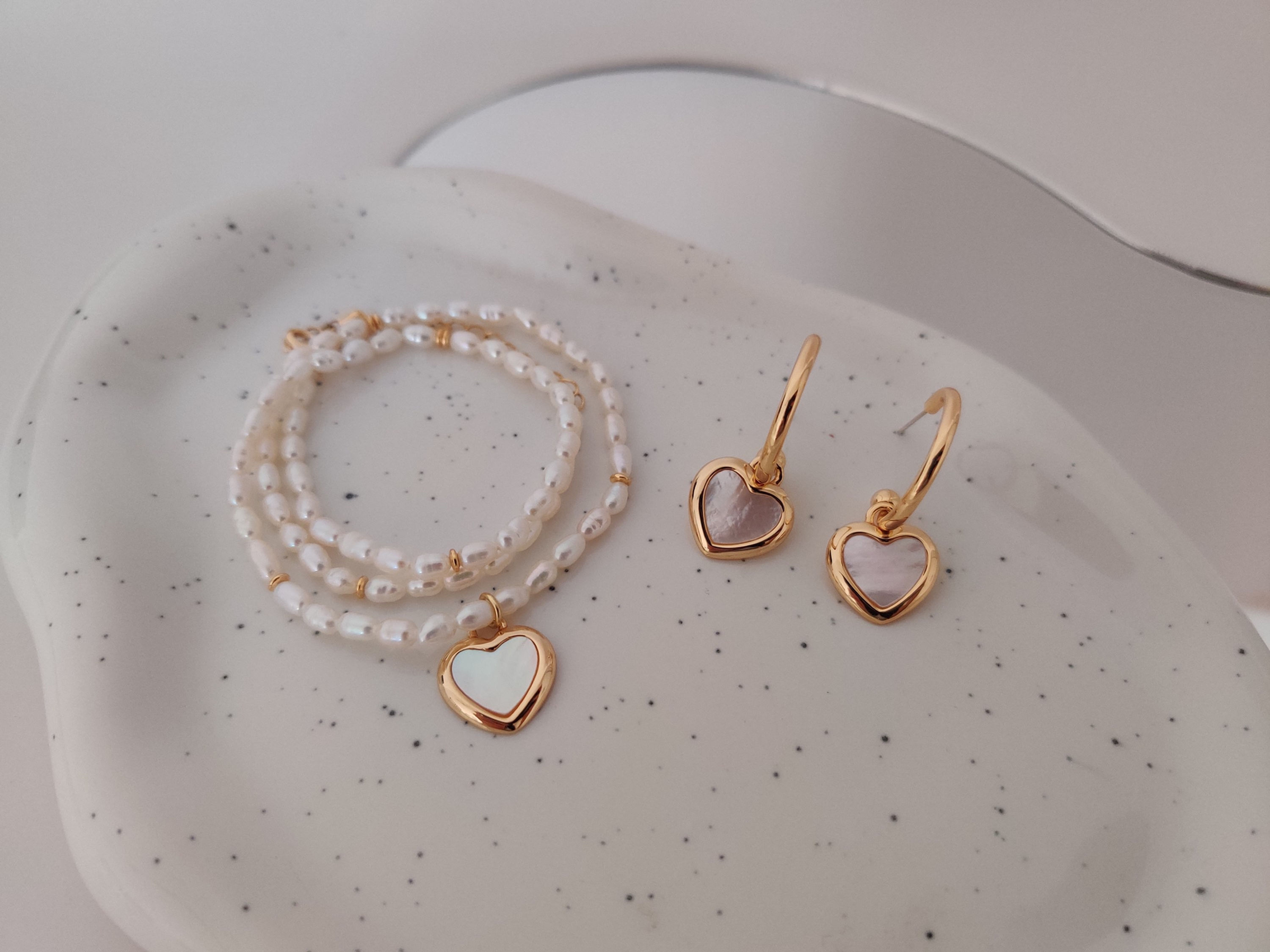 Mother of Pearl Heart Earrings and Necklace 