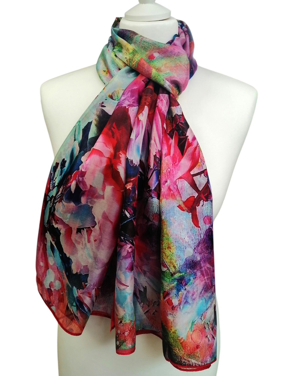 Paréo/Écharpe 100 % soie - Thème floral avec bordure rouge