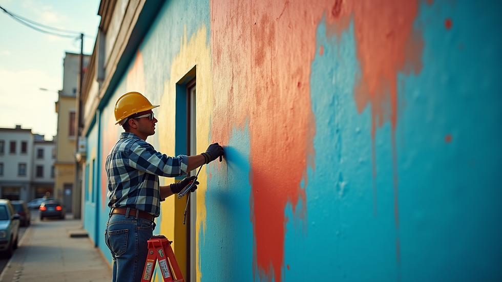 High angle view of painters working on a commercial building exterior
