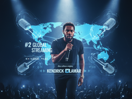 Kendrick Lamar performing, with global streaming data displayed and subtle references to lyrical battles.